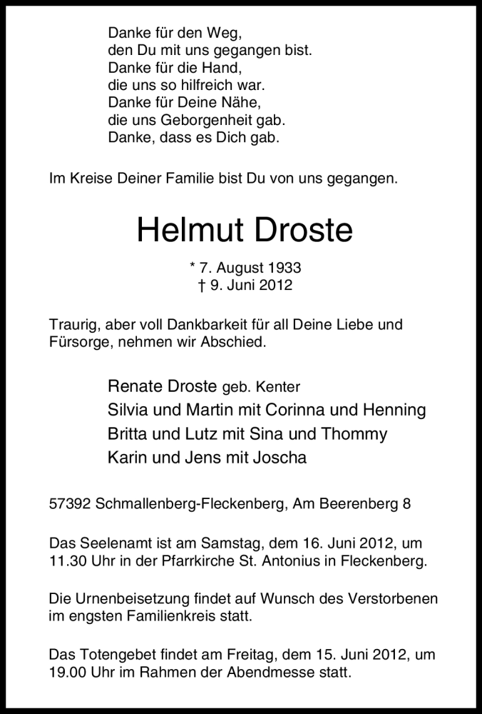  Traueranzeige für Helmut Droste vom 13.06.2012 aus Tageszeitung