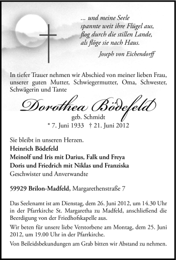 Traueranzeige von Dorothea Bödefeld von Tageszeitung