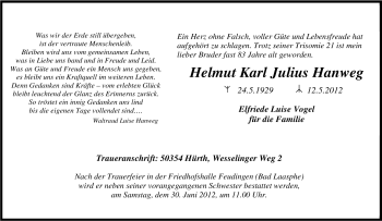 Traueranzeige von Helmut Karl Julius Hanweg von Tageszeitung