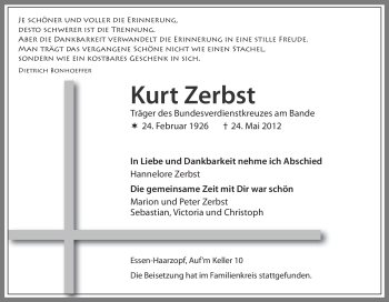 Traueranzeige von Kurt Zerbst von Tageszeitung
