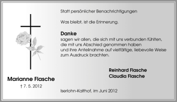 Traueranzeige von Marianne Flasche von Tageszeitung