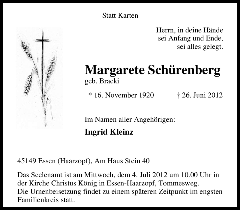  Traueranzeige für Margarete Schürenberg vom 30.06.2012 aus Tageszeitung