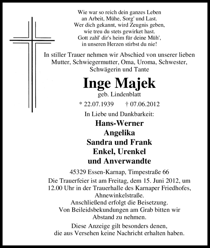  Traueranzeige für Inge Majek vom 13.06.2012 aus Tageszeitung