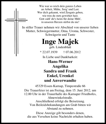 Traueranzeige von Inge Majek von Tageszeitung