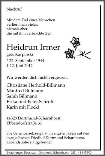 Traueranzeige von Heidrun Irmer von Tageszeitung