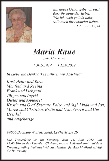 Traueranzeige von Maria Raue von Tageszeitung