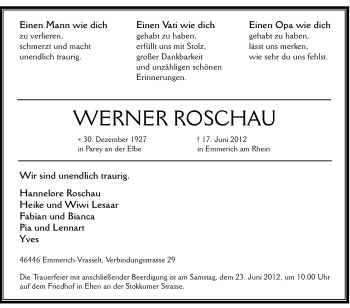 Traueranzeige von Werner Roschau von Tageszeitung