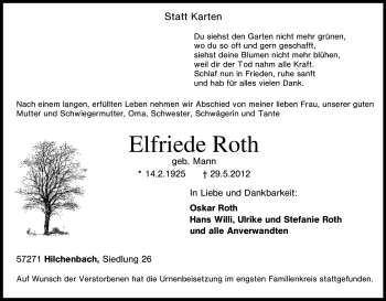 Traueranzeige von Elfriede Roth von Tageszeitung