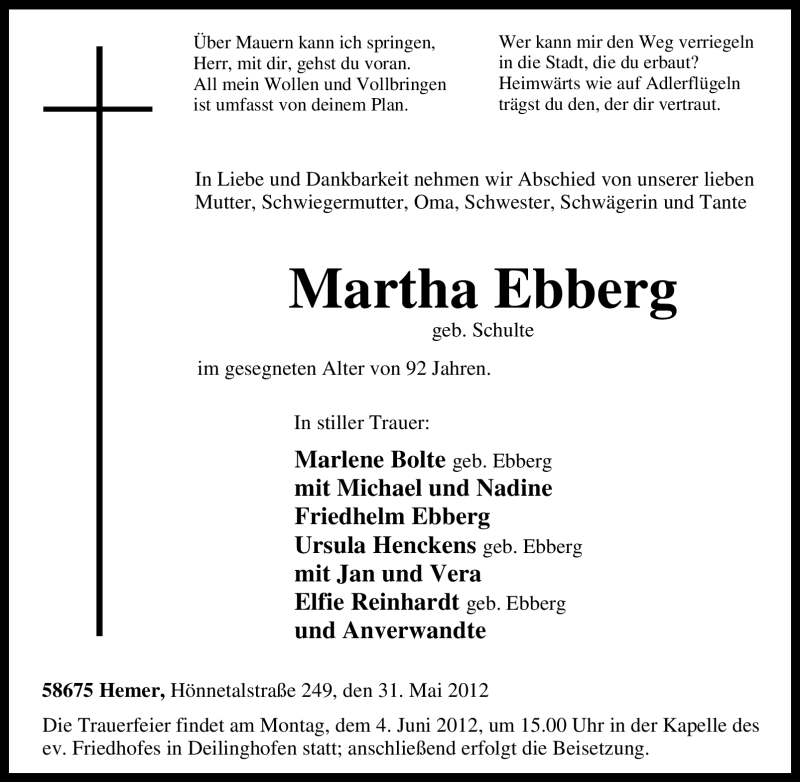  Traueranzeige für Martha Ebberg vom 02.06.2012 aus Tageszeitung