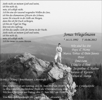 Traueranzeige von Jonas Wiegelmann von Tageszeitung