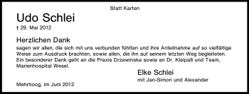 Traueranzeige von Udo Schlei von Tageszeitung