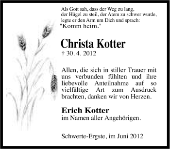 Traueranzeige von Christa Kotter von Tageszeitung