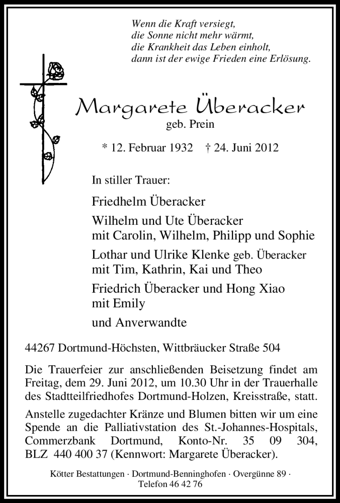  Traueranzeige für Margarete Überacker vom 26.06.2012 aus Tageszeitung