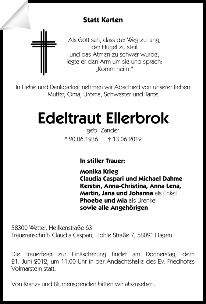  Traueranzeige für Edeltraut Ellerbrok vom 16.06.2012 aus Tageszeitung