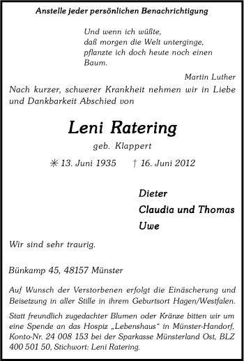 Traueranzeige von Leni Ratering von Tageszeitung