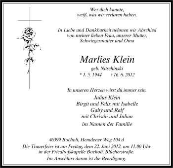 Traueranzeige von Marlies Klein von Tageszeitung