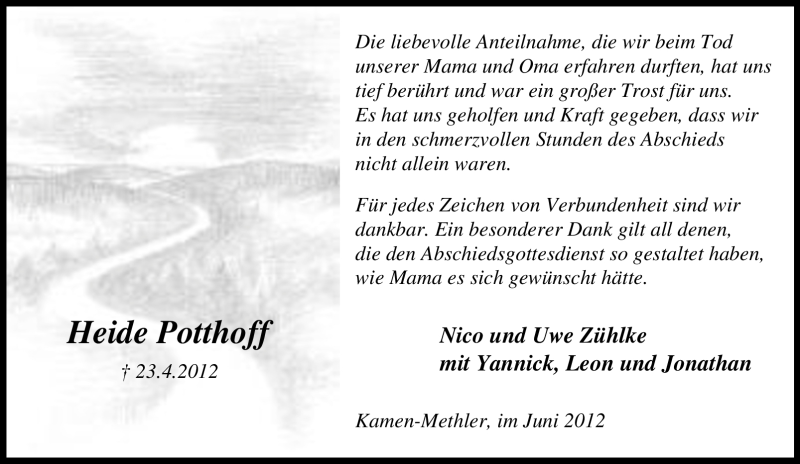  Traueranzeige für Heide Potthoff vom 09.06.2012 aus Tageszeitung