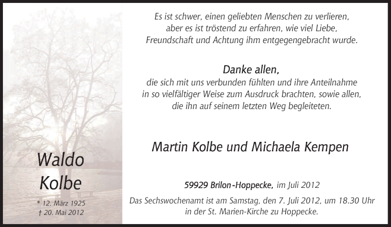  Traueranzeige für Waldo Kolbe vom 30.06.2012 aus Tageszeitung