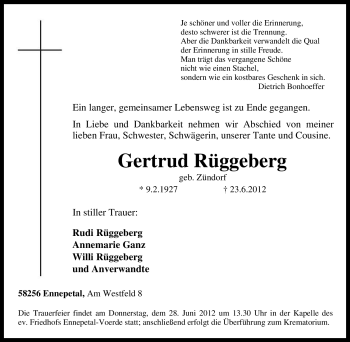 Traueranzeige von Gertrud Rüggeberg von Tageszeitung
