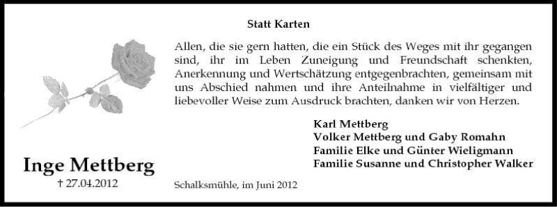  Traueranzeige für Inge Mettberg vom 16.06.2012 aus Tageszeitung