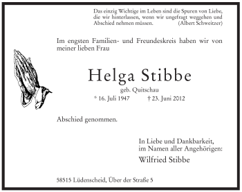 Traueranzeige von Helga Stibbe von Tageszeitung
