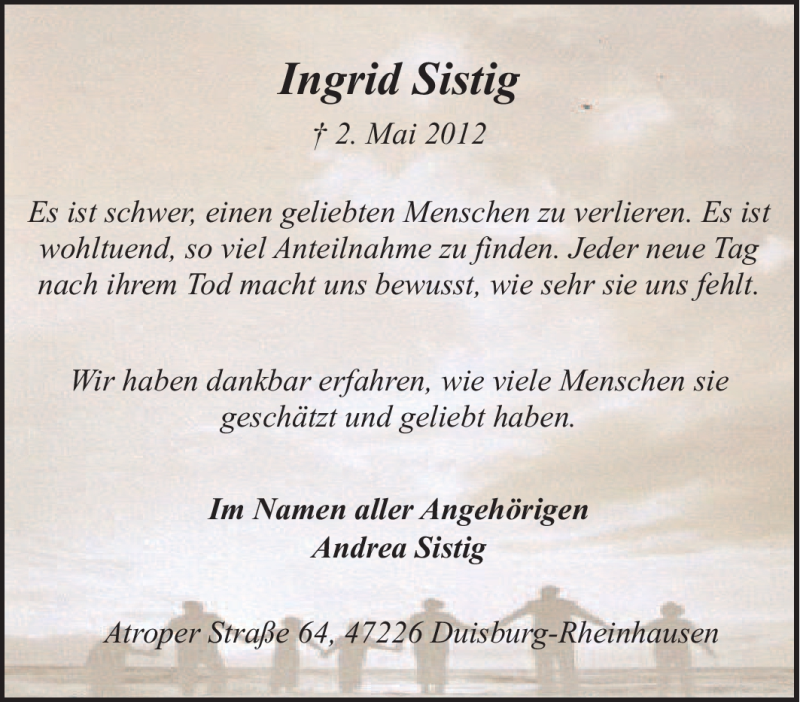  Traueranzeige für Ingrid Sistig vom 02.06.2012 aus Tageszeitung