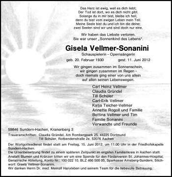 Traueranzeige von Gisela Vellmer-Sonanini von Tageszeitung