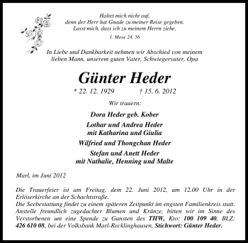 Traueranzeige von Günter Heder von Tageszeitung
