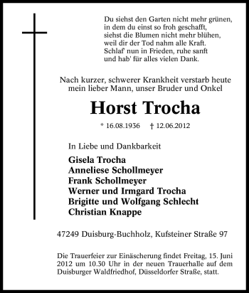 Traueranzeige von Horst Trocha von Tageszeitung