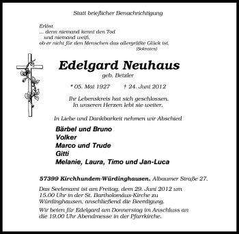 Traueranzeige von Edelgard Neuhaus von Tageszeitung