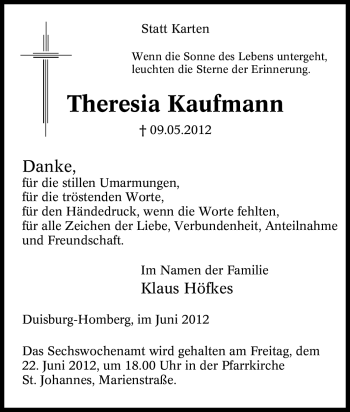 Traueranzeige von Theresia Kaufmann von Tageszeitung