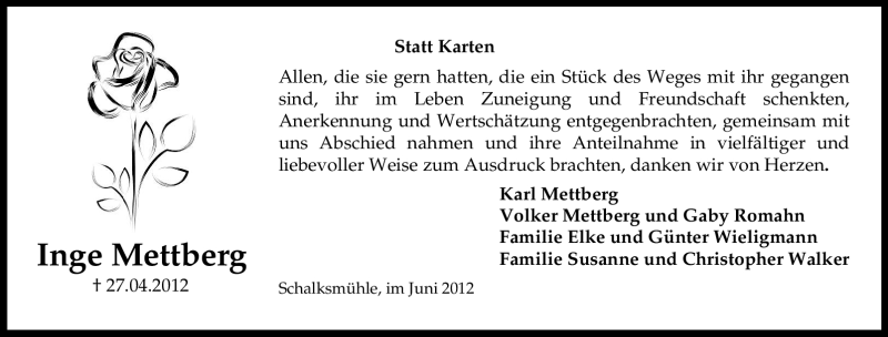  Traueranzeige für Inge Mettberg vom 09.06.2012 aus Tageszeitung