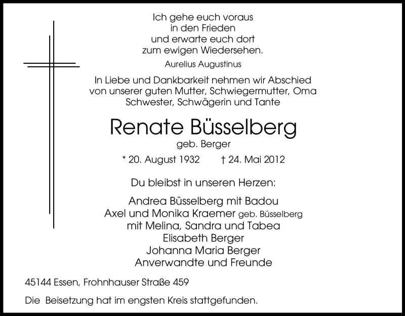  Traueranzeige für Renate Büsselberg vom 02.06.2012 aus Tageszeitung