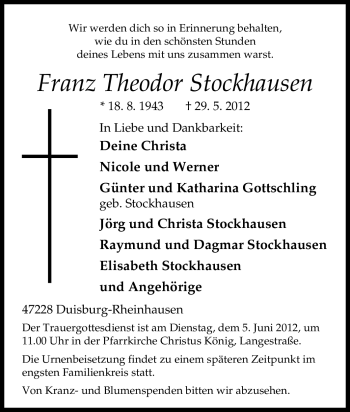 Traueranzeige von Franz Theodor Stockhausen von Tageszeitung