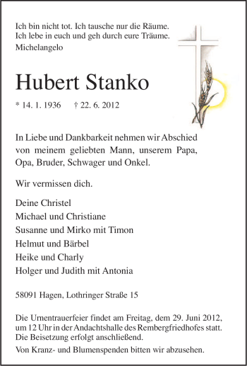 Traueranzeige von Hubert Stanko von Tageszeitung