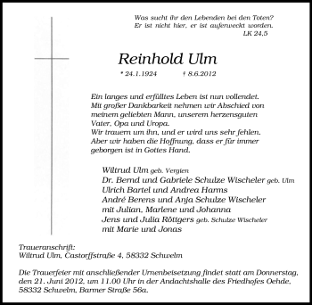 Traueranzeige von Reinhold Ulm von Tageszeitung
