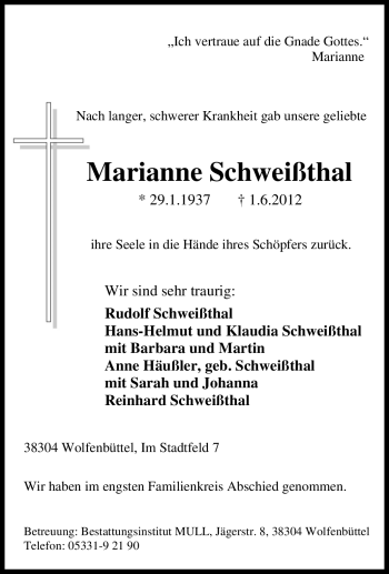 Traueranzeige von Marianne Schweißthal von Tageszeitung