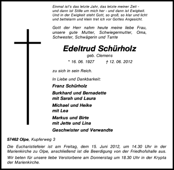 Traueranzeige von Edeltrud Schürholz von Tageszeitung