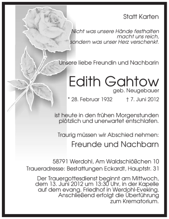 Traueranzeige von Edith Gahtow von Tageszeitung
