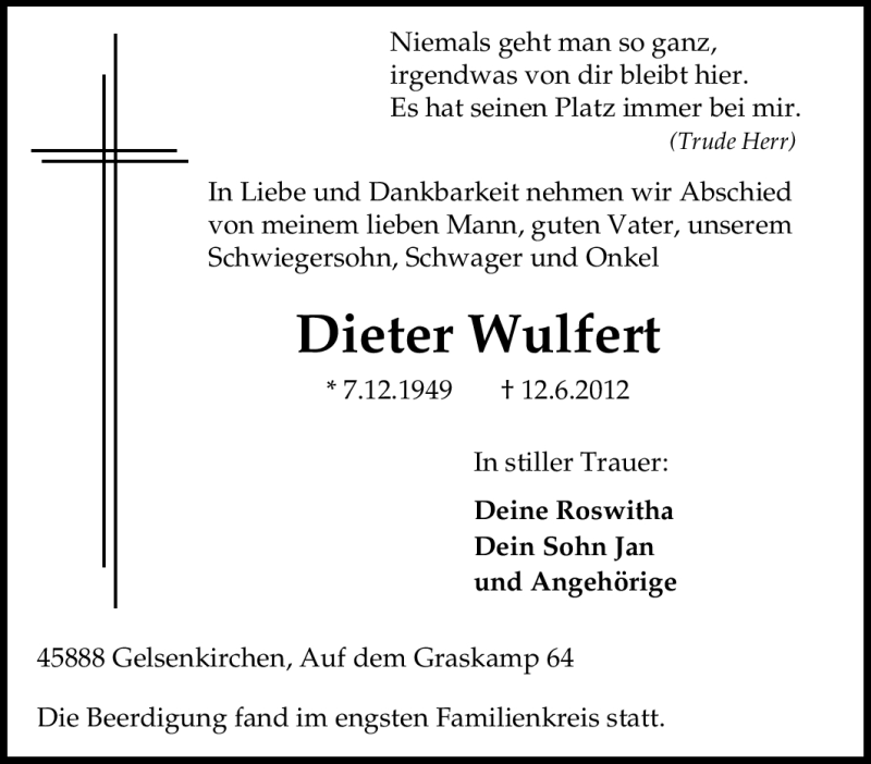  Traueranzeige für Dieter Wulfert vom 21.06.2012 aus Tageszeitung
