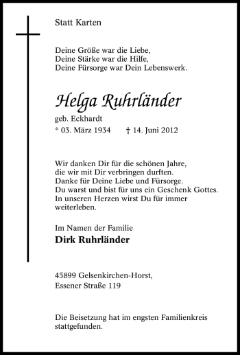 Traueranzeige von Helga Ruhrländer von Tageszeitung