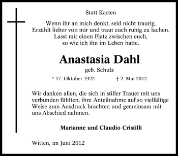 Traueranzeige von Anastasia Dahl von Tageszeitung