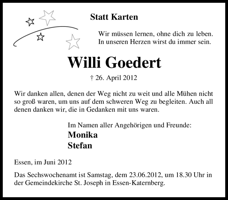 Traueranzeigen von Willi Goedert | Trauer-in-NRW.de