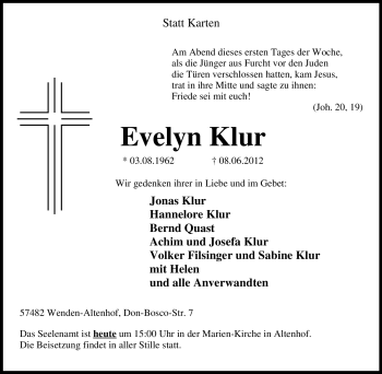 Traueranzeige von Evelyn Klur von Tageszeitung