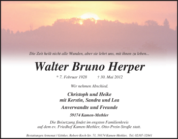 Traueranzeige von Walter Bruno Herper von Tageszeitung