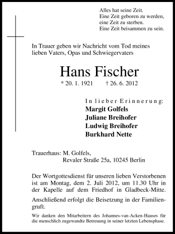 Traueranzeige von Hans Fischer von Tageszeitung