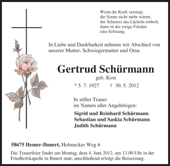 Traueranzeige von Gertrud Schürmann von Tageszeitung