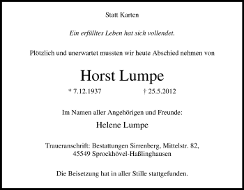 Traueranzeige von Horst Lumpe von Tageszeitung