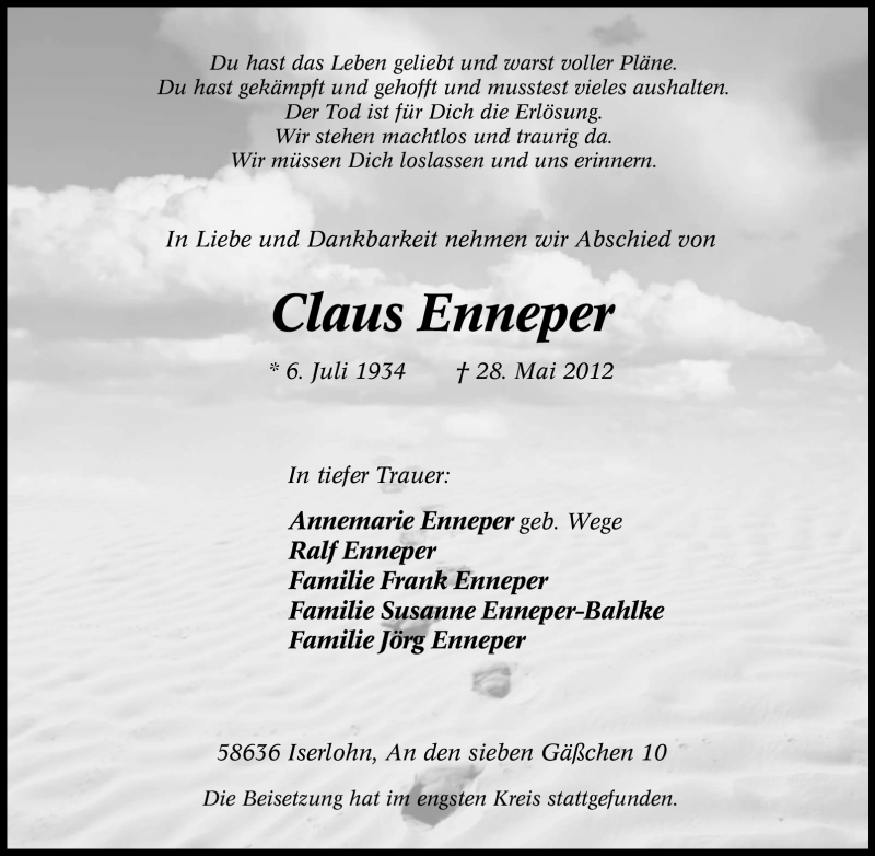  Traueranzeige für Claus Enneper vom 02.06.2012 aus Tageszeitung