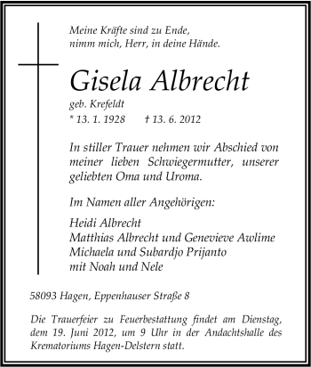 Traueranzeige von Gisela Albrecht von Tageszeitung